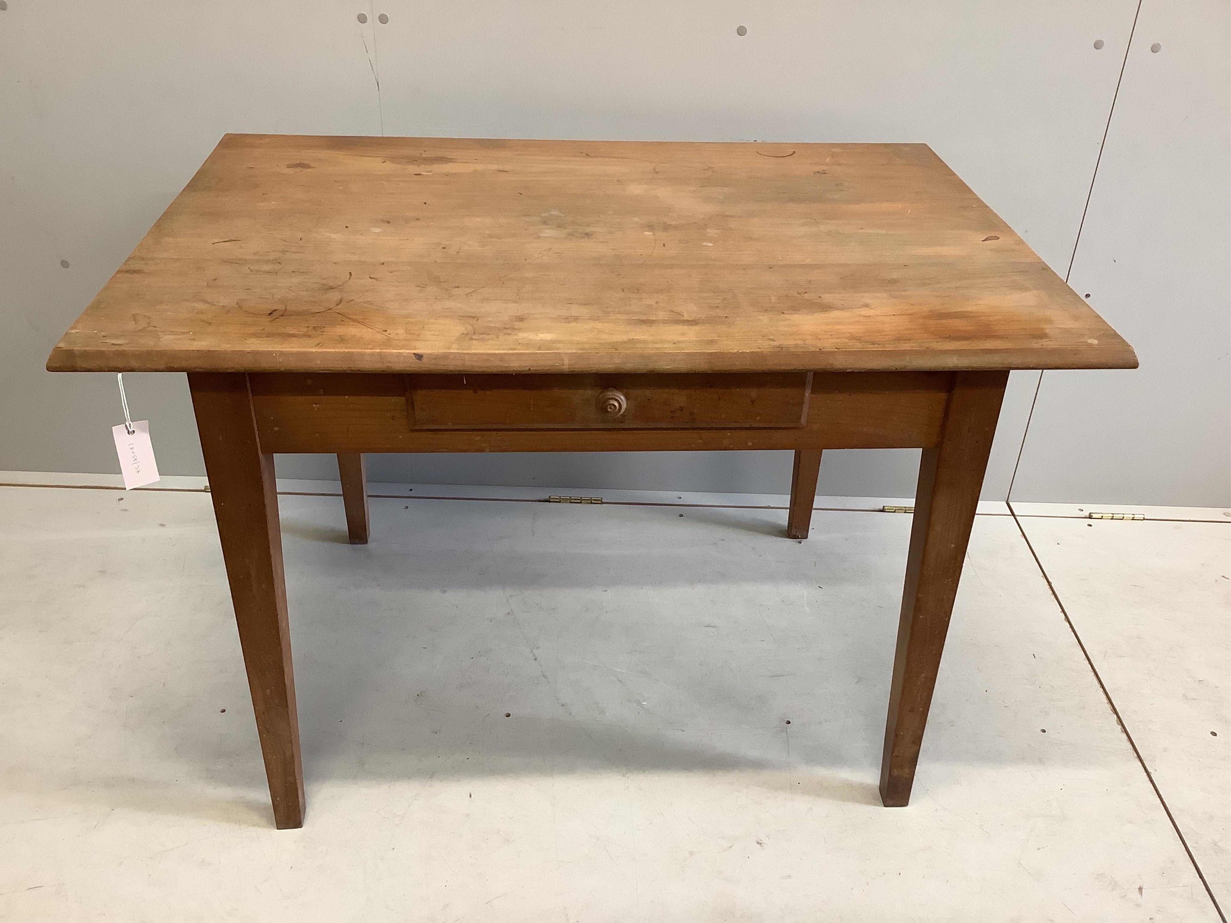 A 19th century French cherry kitchen table with one drawer, width 112cm, depth 75cm, height 74cm. Condition - good